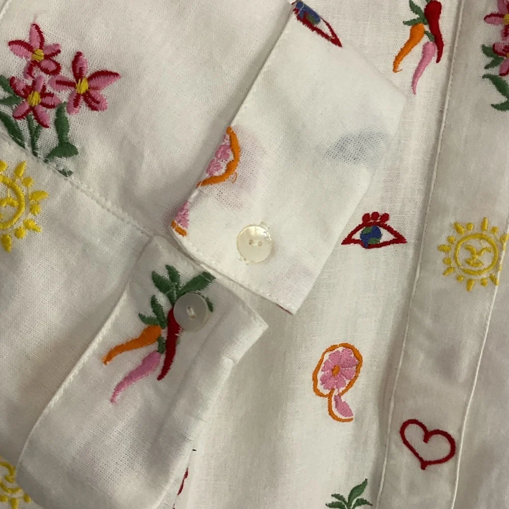 Caroline Constas White Crop Button Up Embroidered Top Med Summer Print Linen - Picture 4 of 13